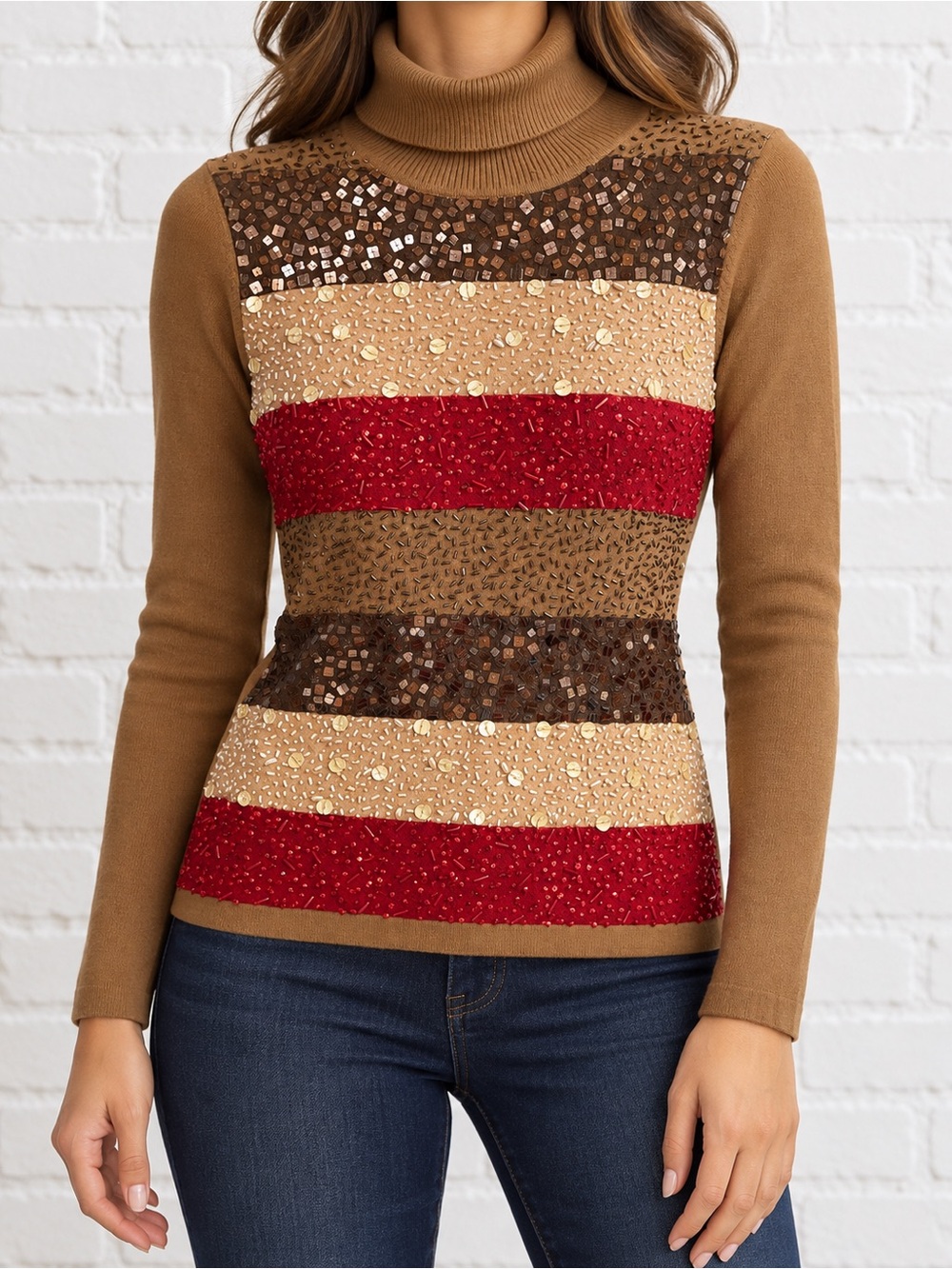 Vintage Y2K Votre Nom Beaded Sequin Turtleneck Sweater M Brown Red